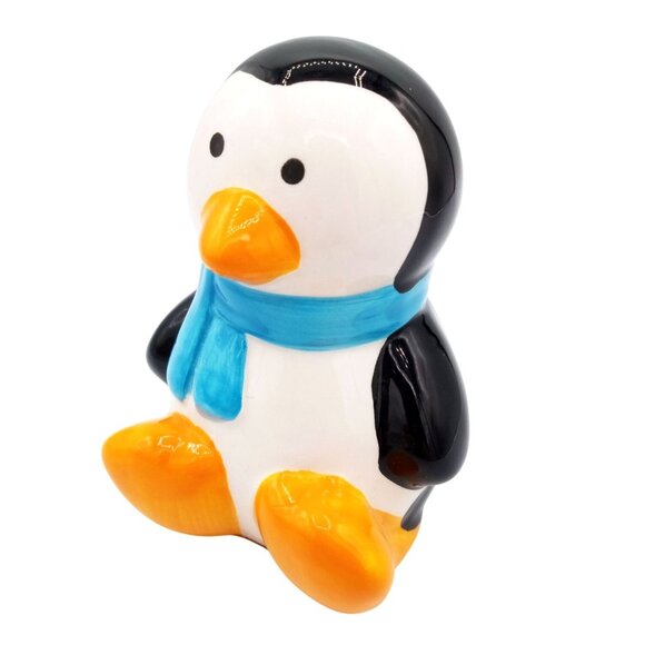 Penguin Coin Bank Ceramic Blue Scarf Orange Feet Money Saver Kids 4 Inches - Picture 1 of 14